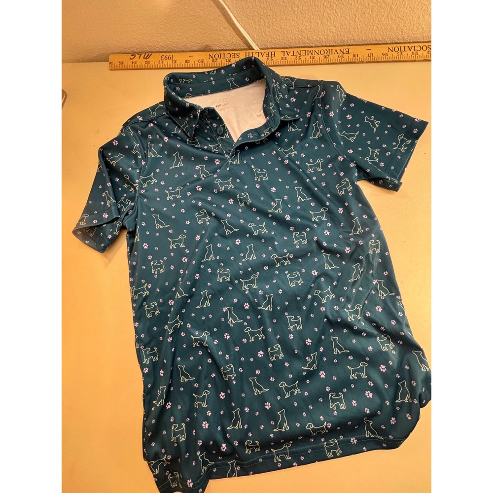 BCG Golf Kids Large 14-16 Green Dog Paw Print Short Sleeve Polo Shirt